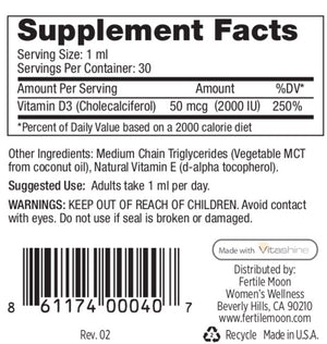 Liquid Vitamin D3 Vegan 50 mcg (2000 IU) Per Dose by Fertile Moon® - Premium Plant-Based Vitamin D3 from Lichen - Non-GMO, No Gluten, Dairy, or Soy - 30 Doses per Bottle